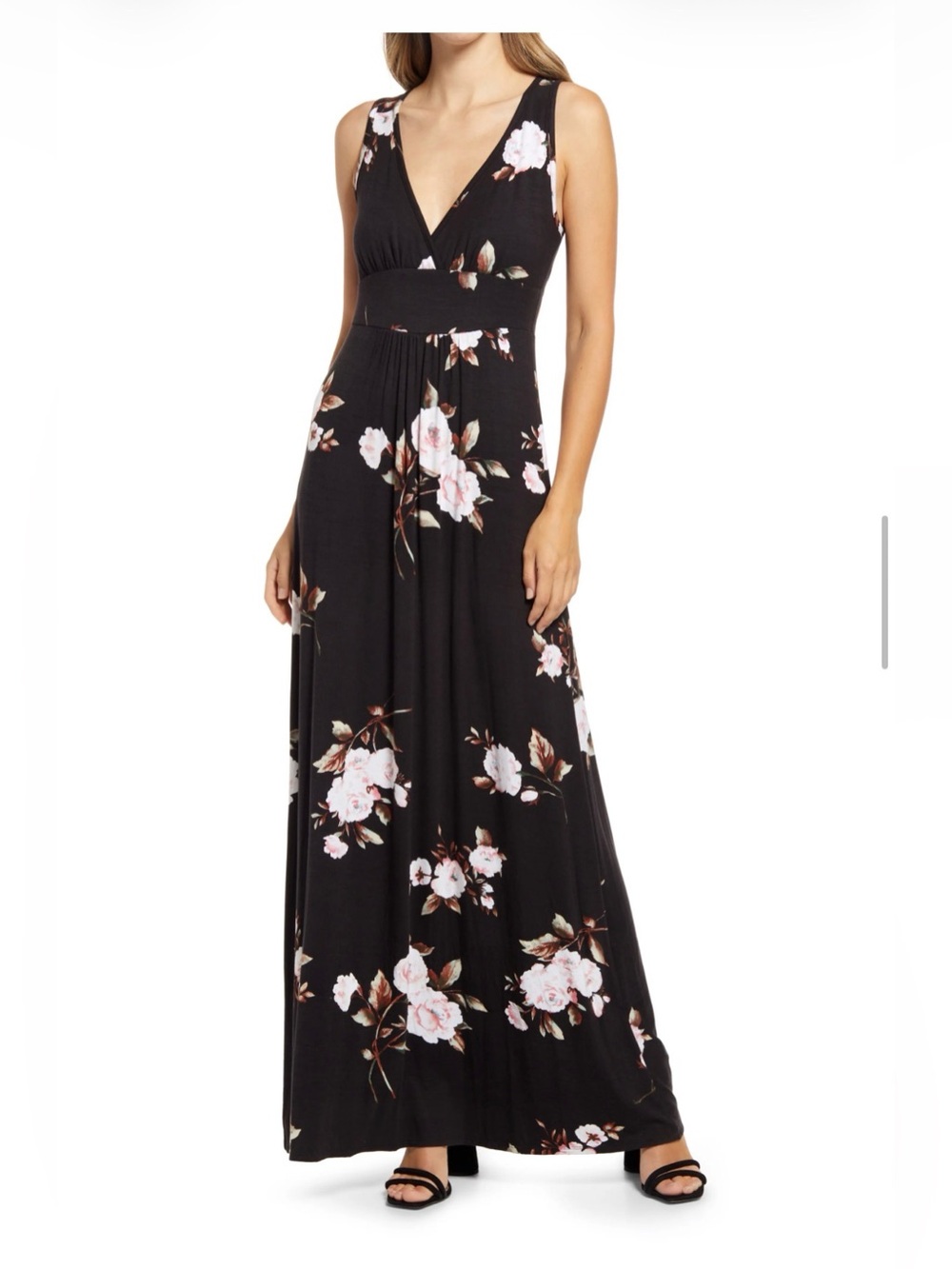 Loveappella Black Floral V-Neck Jersey Maxi Dress